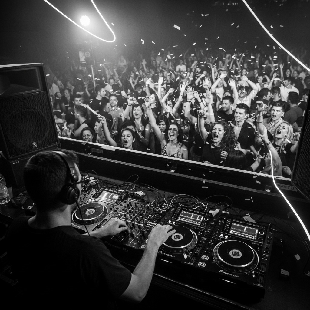 A DJ with headphones stands behind a mixing console, looking out at a large, cheering crowd in a dimly lit club with falling confetti.